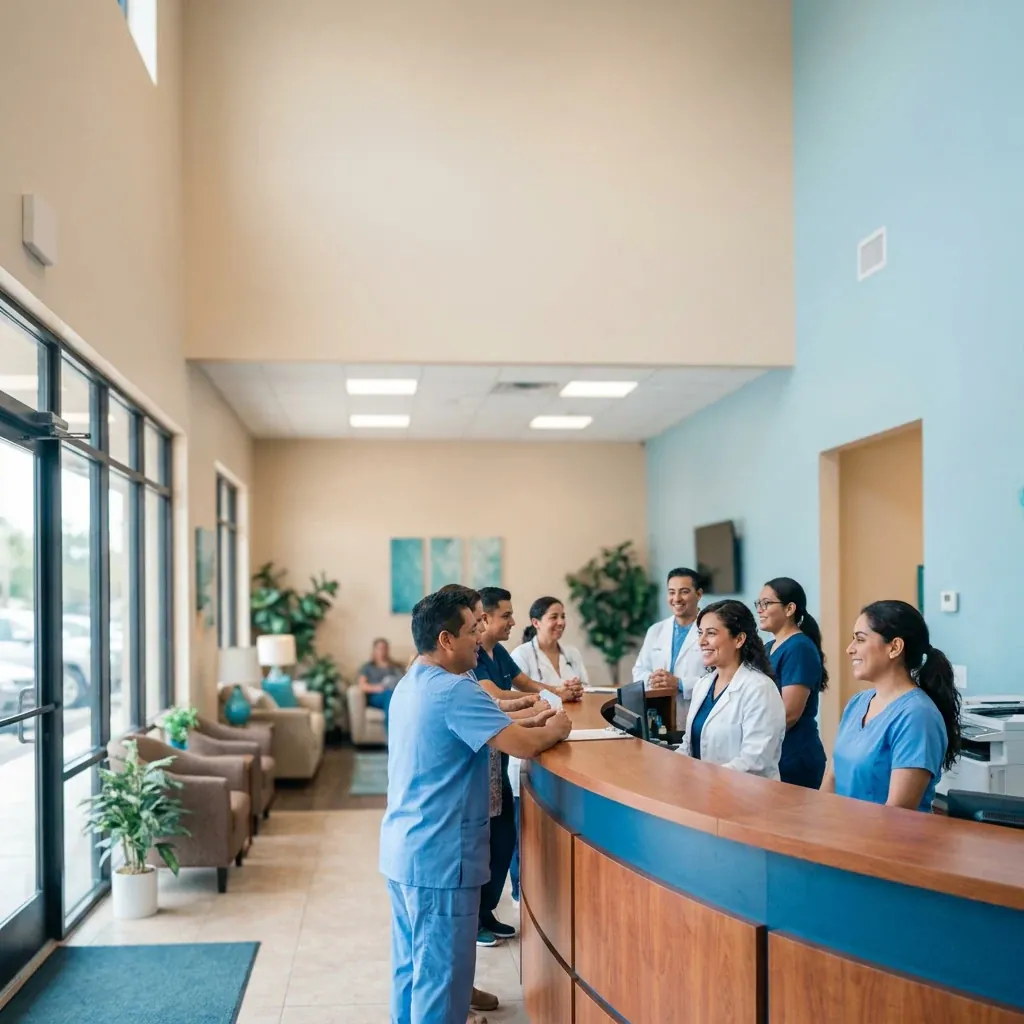 Equipo de Clínica Hispana Nueva Salud Hammerly dando la bienvenida a sus pacientes en Houston