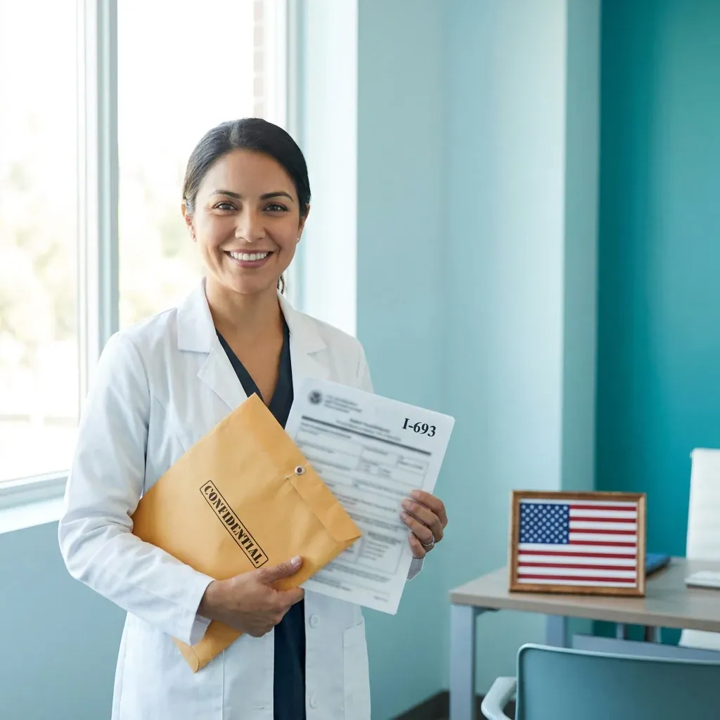 Médico autorizado por USCIS atendiendo un examen de inmigración en Houston