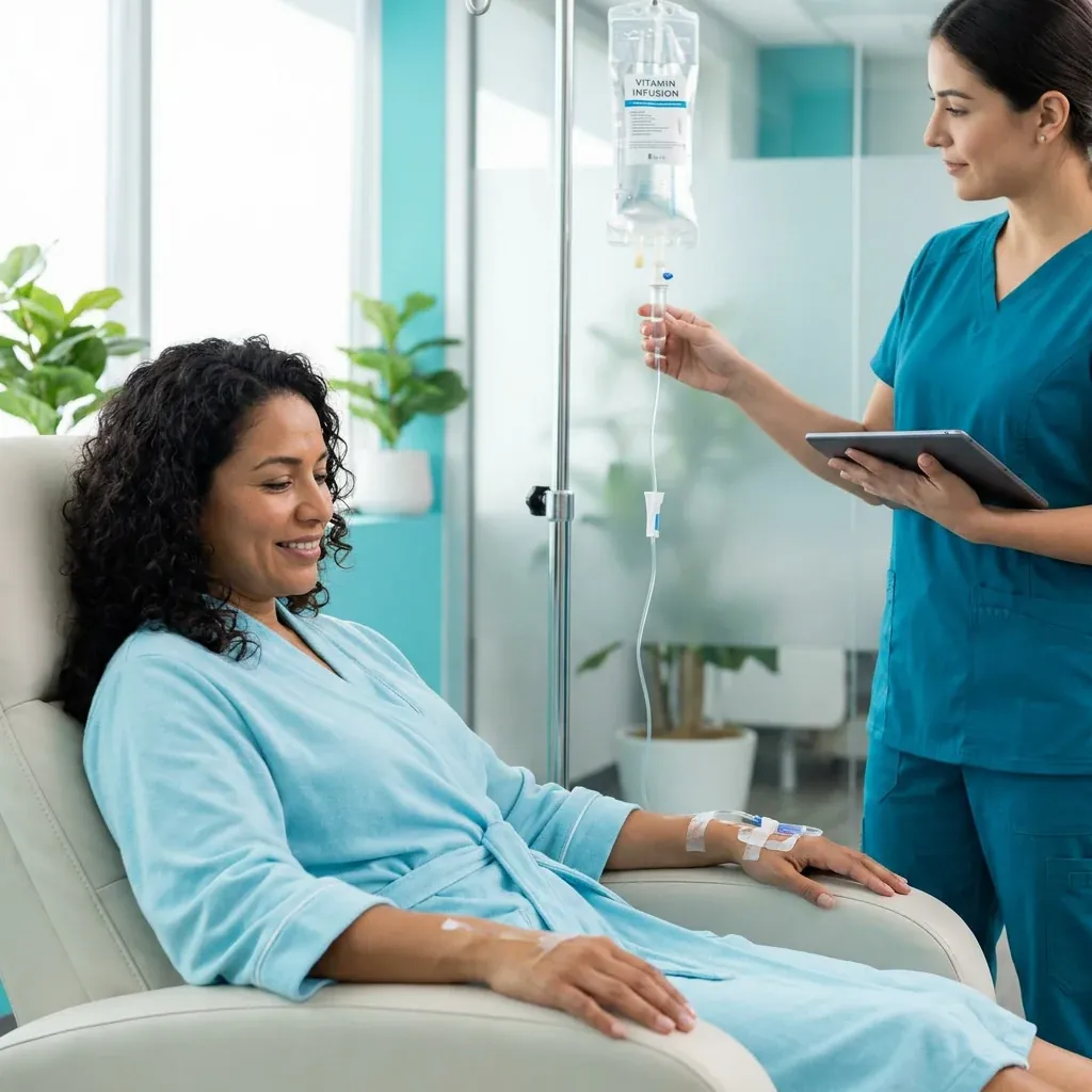 Aplicación de suero vitaminado con vitamina B12 en una clínica hispana de Houston