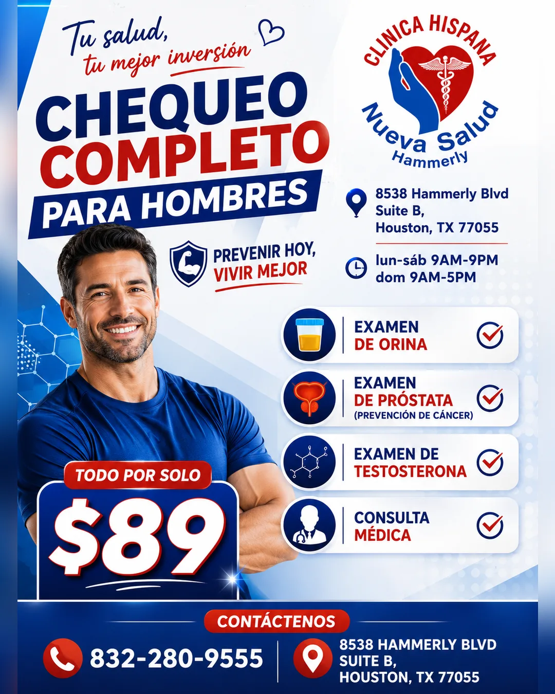 Flyer de la promoción Chequeo Completo para Hombres por $89 en Clínica Hispana Nueva Salud Hammerly: examen de orina, examen de próstata, examen de testosterona y consulta médica.