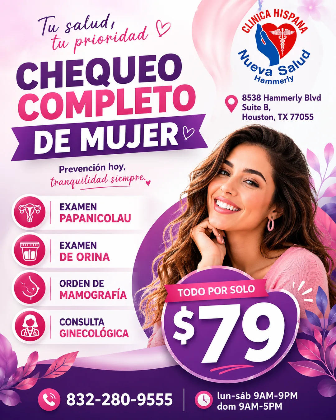 Flyer de la promoción Chequeo Completo de Mujer por $79 en Clínica Hispana Nueva Salud Hammerly: examen Papanicolau, examen de orina, orden de mamografía y consulta ginecológica.