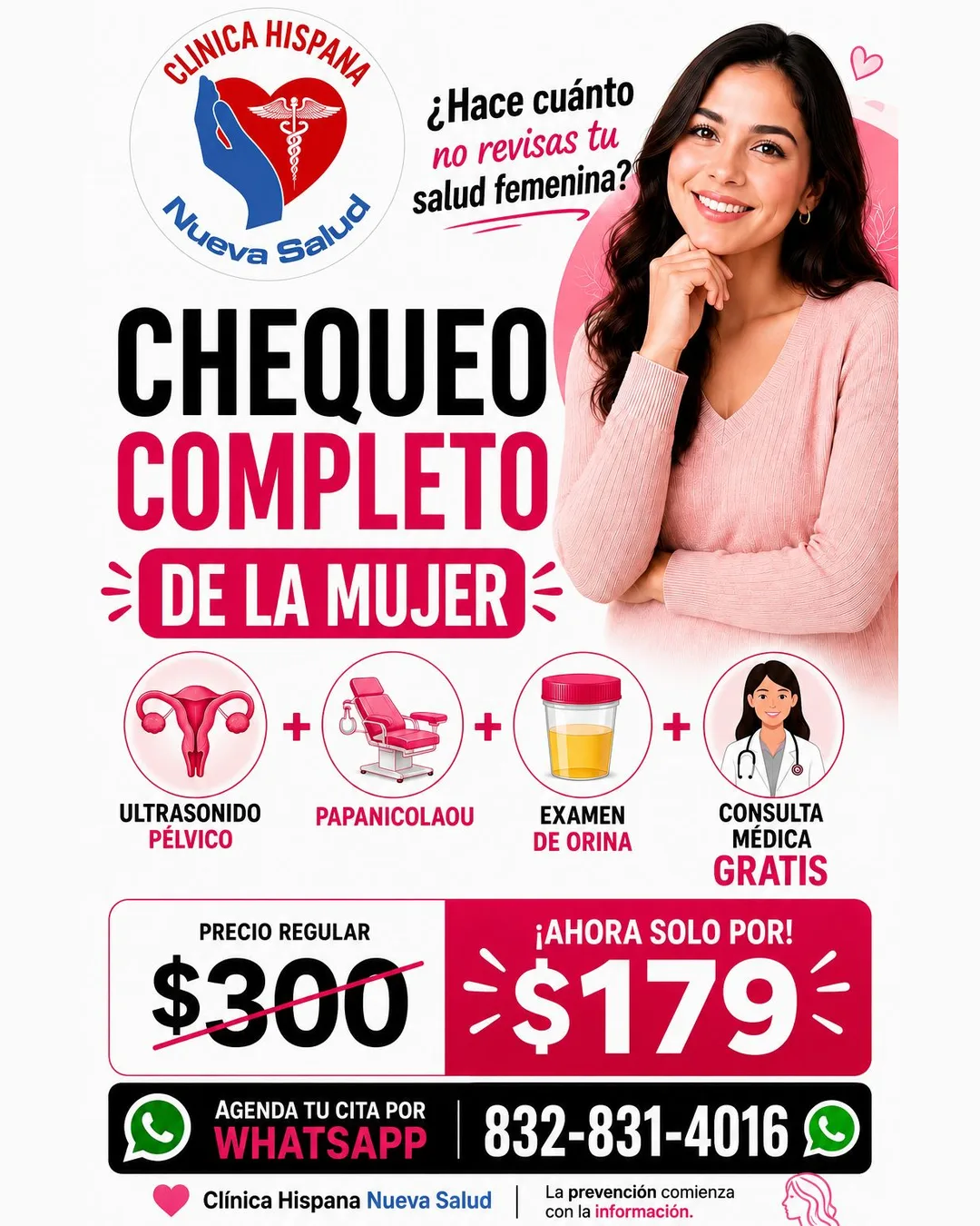 Flyer for the Women's Checkup with Ultrasound promotion for $179 at Clínica Hispana Nueva Salud Hammerly: pelvic ultrasound, Pap smear, urine test and free medical consultation.