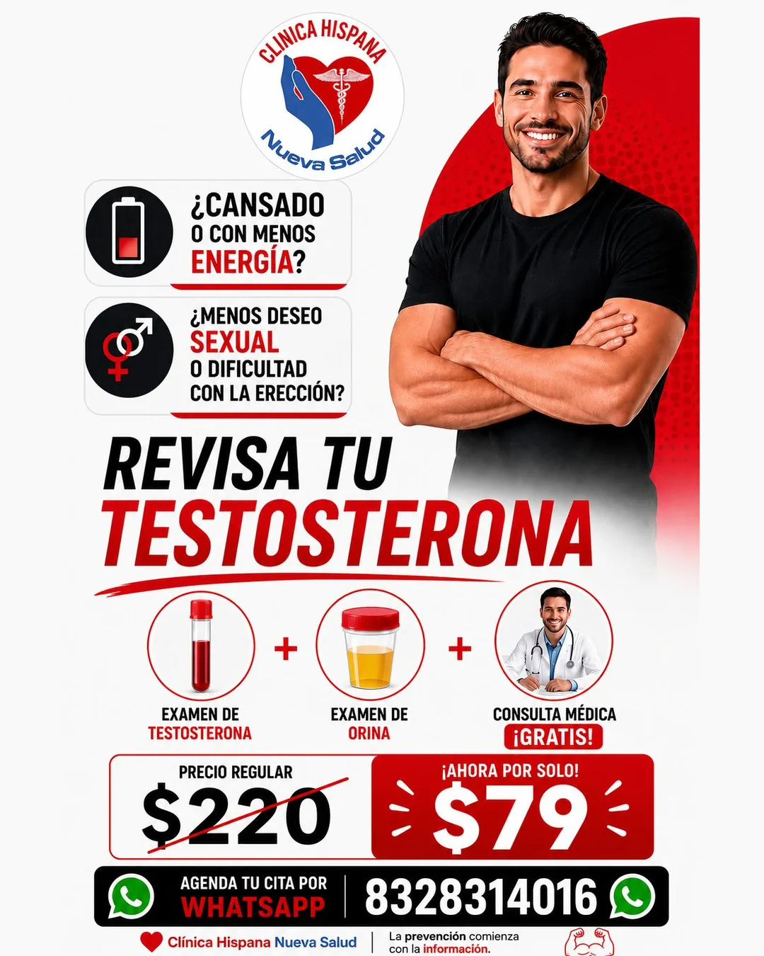 Flyer for the Testosterone Test promotion for $79 at Clínica Hispana Nueva Salud Hammerly: testosterone test, urine test and free medical consultation.