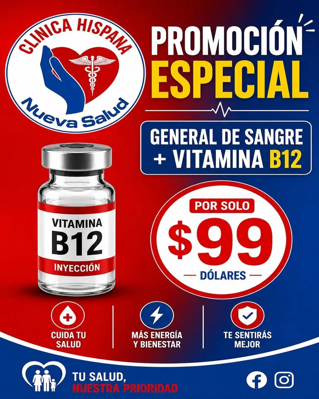 Flyer de la promoción especial Examen General de Sangre más Vitamina B12 por $99 en Clínica Hispana Nueva Salud Hammerly.