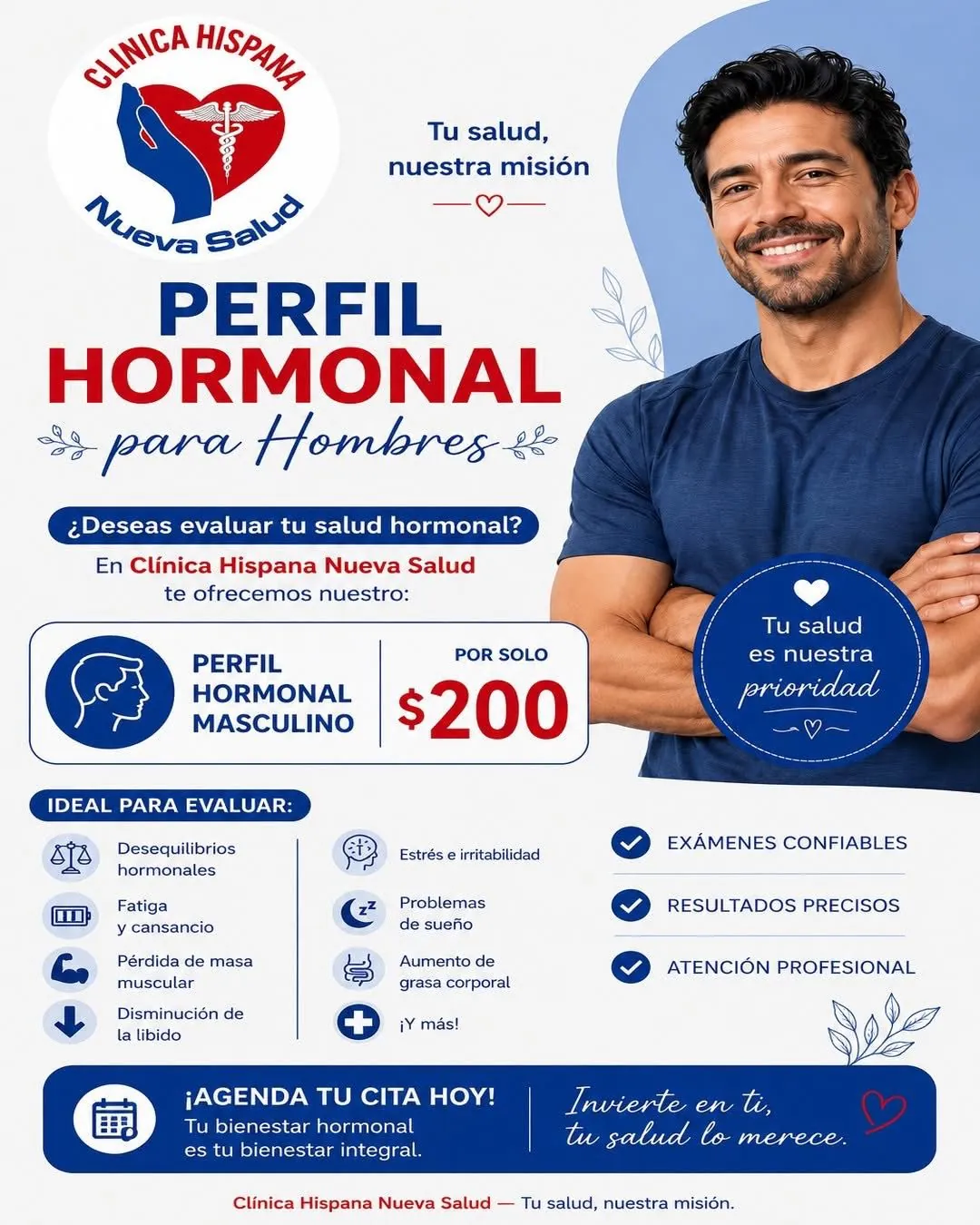 Flyer de la promoción Perfil Hormonal para Hombres por $200 en Clínica Hispana Nueva Salud Hammerly: evaluación de fatiga, masa muscular y libido.
