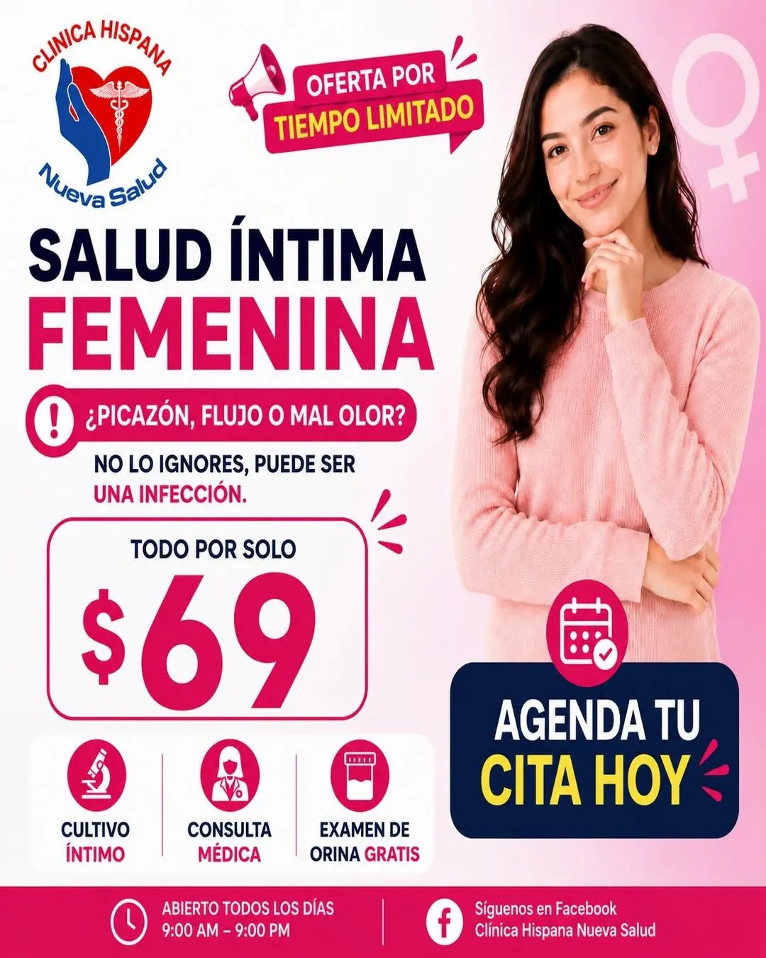 Flyer de la promoción Salud Íntima Femenina por $69 en Clínica Hispana Nueva Salud Hammerly: cultivo íntimo, consulta médica y examen de orina gratis.